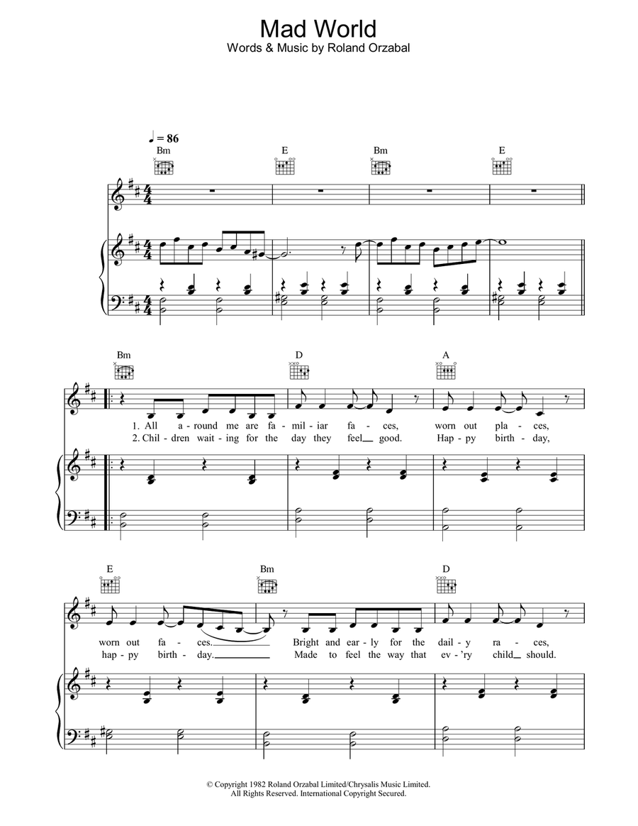 Mad World Piano, Vocal, Guitar scores gallery preview page 1