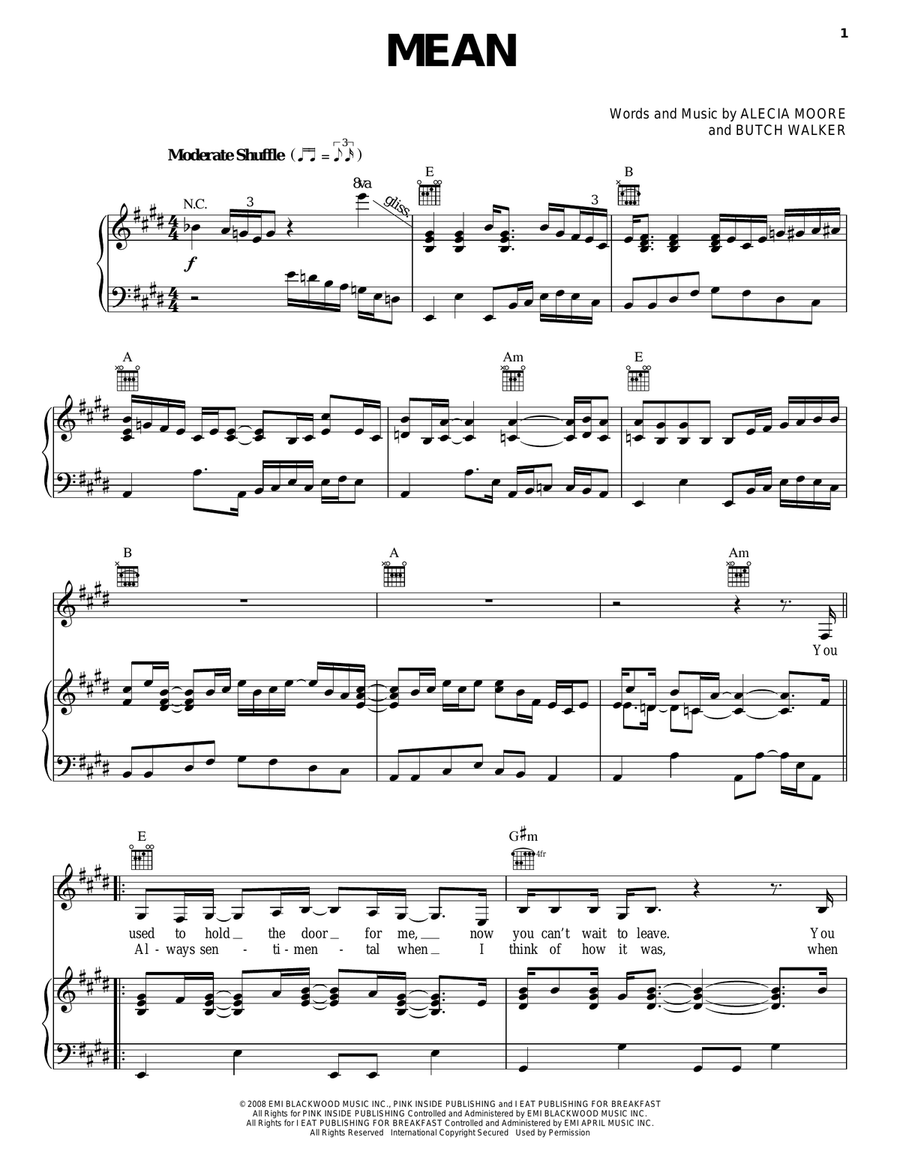 Mean Piano, Vocal, Guitar scores gallery preview page 1