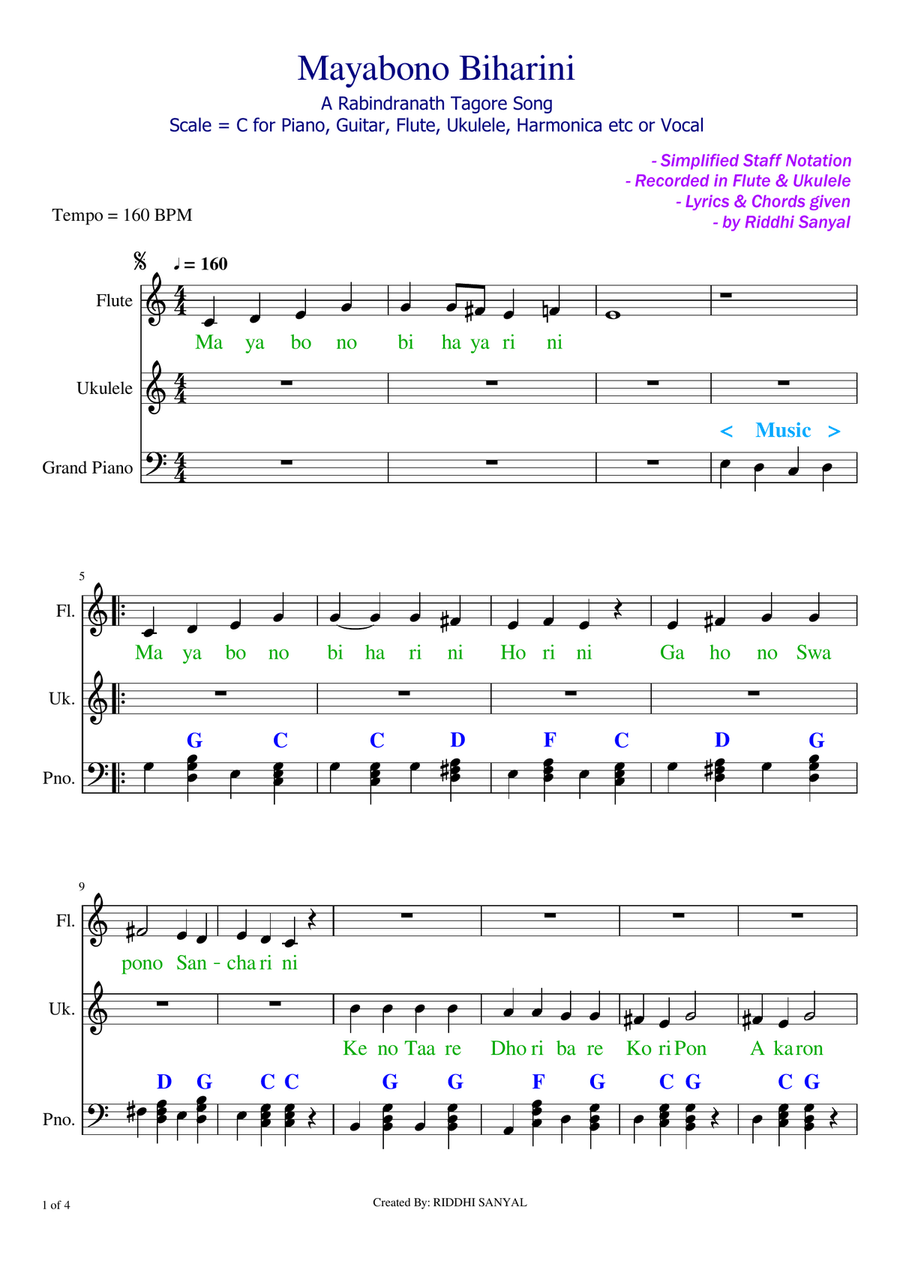 Mayabono Biharini Horini | A Tagore Song | Sheet Music in C Piano, Vocal scores gallery preview page 1