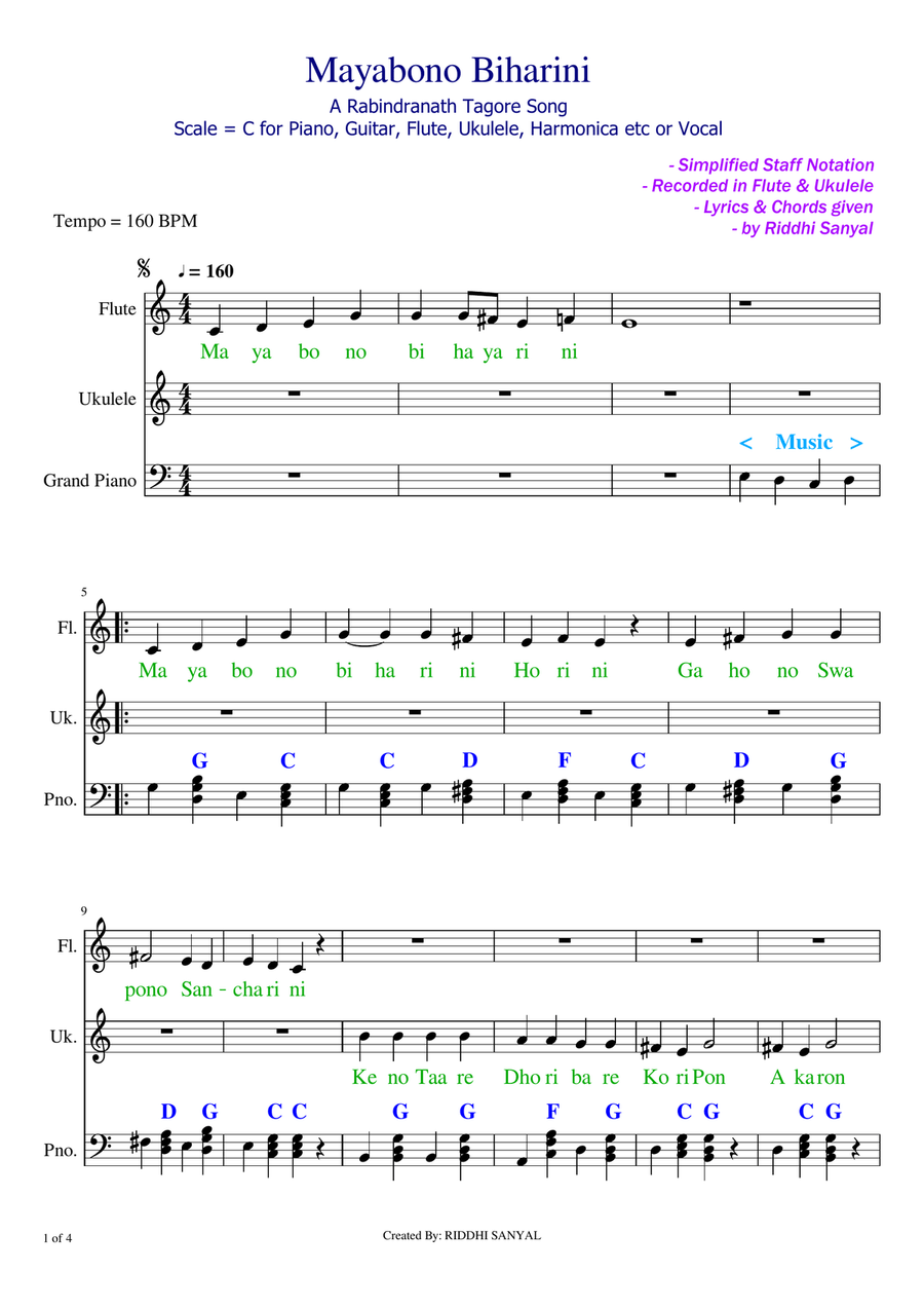Mayabono Biharini Horini | A Tagore Song | Sheet Music in C image number null