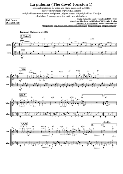 Sebastián Iradier (Yradier) - La paloma (The dove) (version 1) - arr. for violin-viola duet image number null