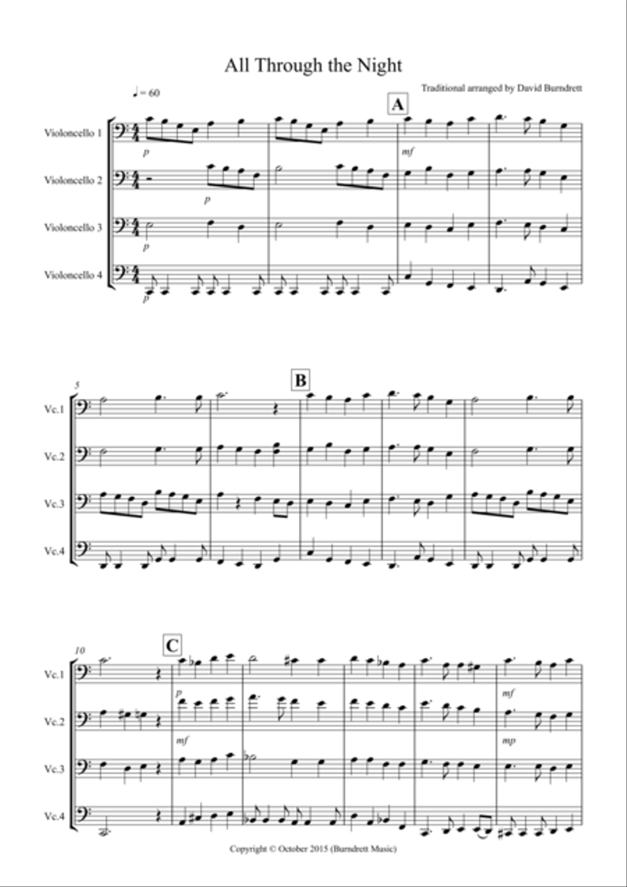All Through the Night for Cello Quartet Cello Solo scores gallery preview page 1