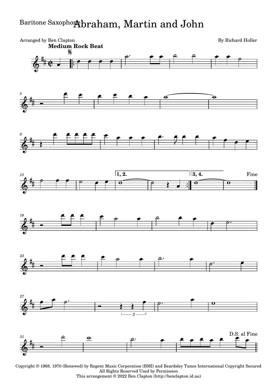 Abraham, Martin And John Abraham, Martin And John Baritone Saxophone scores gallery preview page 1