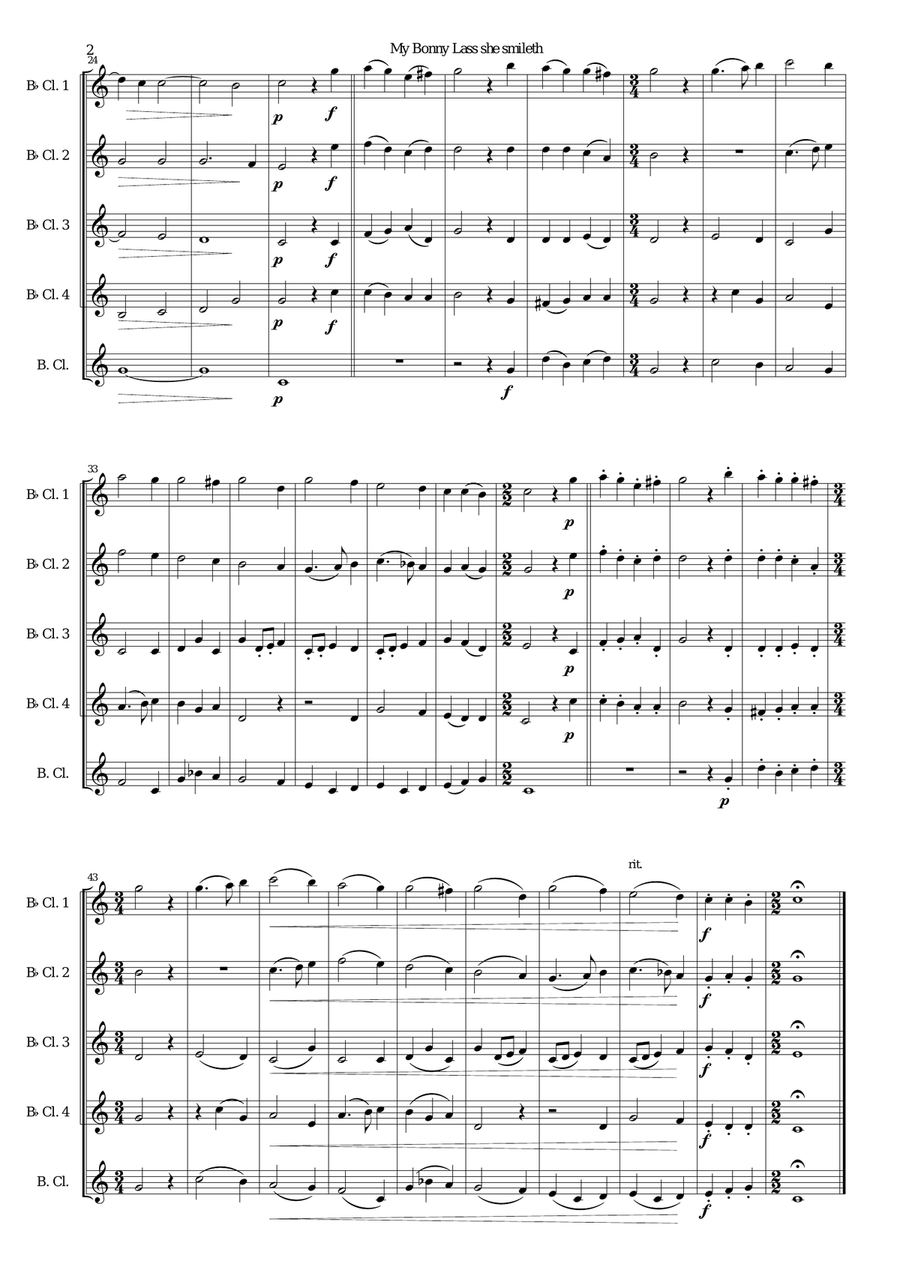 My bonny lass she smileth for clarinet quintet (4 B flats and 1 Bass) Clarinet Quintet scores gallery preview page 2