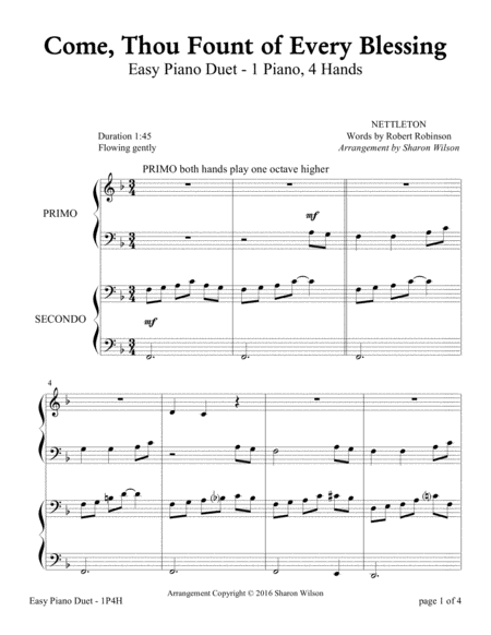 Come, Thou Fount of Every Blessing (Easy Piano Duet, 1 Piano, 4 Hands) image number null
