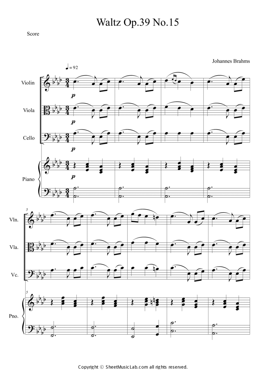 Waltz op.39 no.15 Piano Quartet scores gallery preview page 1