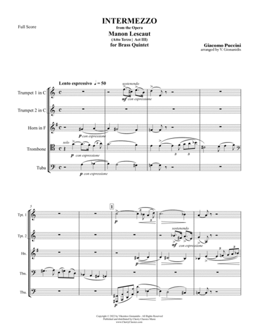 Intermezzo from Act III of Manon Lescaut for Brass Quintet image number null