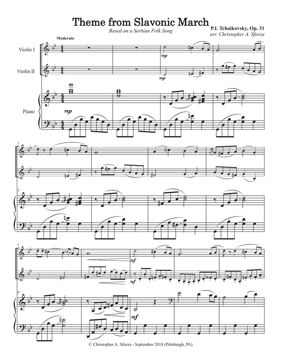 Theme from Slavonic March, for two violins and piano String Duet scores gallery preview page 2