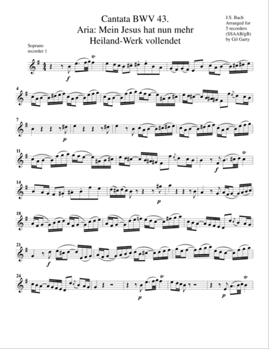 Aria: Mein Jesus hat nunmehr Das Heilandwerk vollendet from Cantata BWV 43 (arrangement for 5 record Recorder scores gallery preview page 6