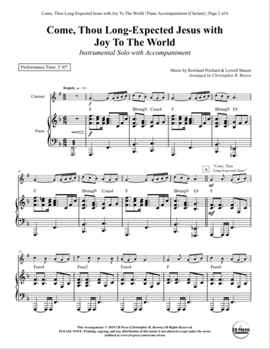 Come, Thou Long-Expected Jesus with Joy To The World - Clarinet Solo with Piano Accompaniment Clarinet Solo scores gallery preview page 2