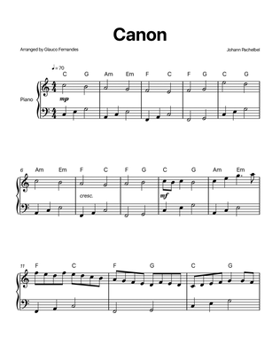 Book cover for Canon by Pachelbel - Easy/Intermediate Piano Solo in C with Chord Notation