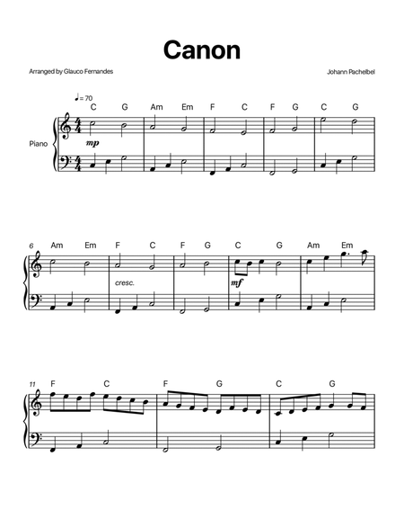 Canon by Pachelbel - Easy/Intermediate Piano Solo in C with Chord Notation image number null