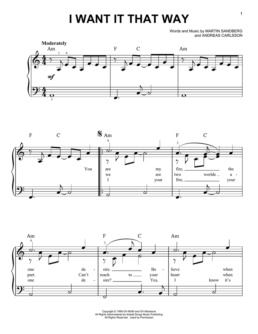I Want It That Way Easy Piano scores gallery preview page 1