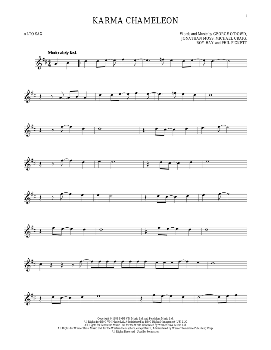 Karma Chameleon Alto Saxophone scores gallery preview page 1