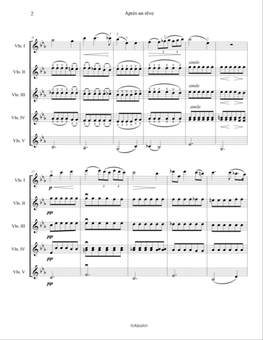 Fauré: Après un rêve - 5 Violins Chamber Music scores gallery preview page 3