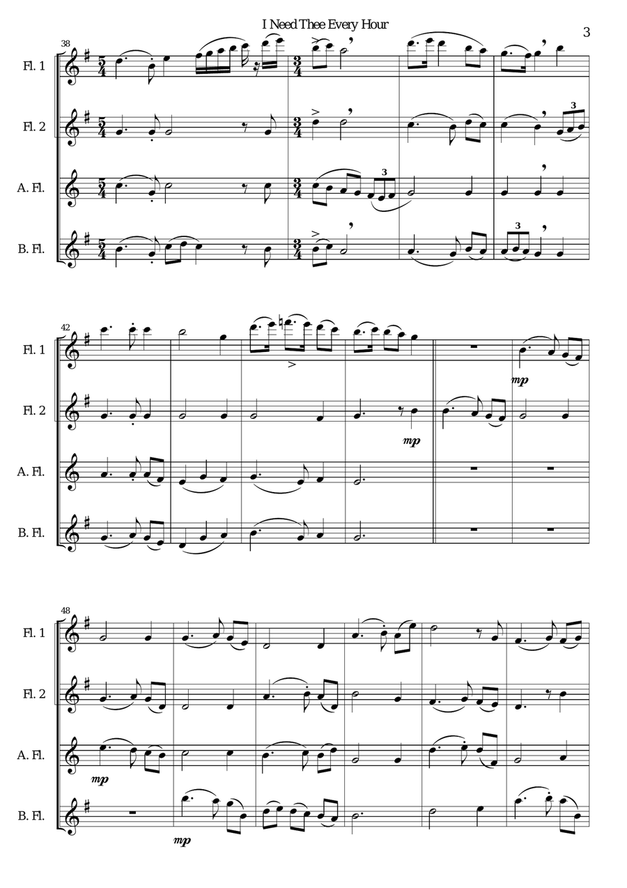 Variations on I Need Thee Every Hour for Flute quartet (2 C flutes, alto flute, bass flute) Flute Quartet scores gallery preview page 3