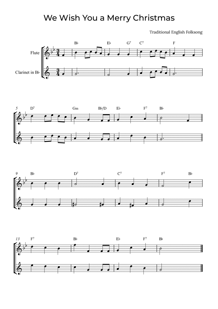 We Wish You a Merry Christmas - Flute and Clarinet with chords Woodwind Duet scores gallery preview page 1