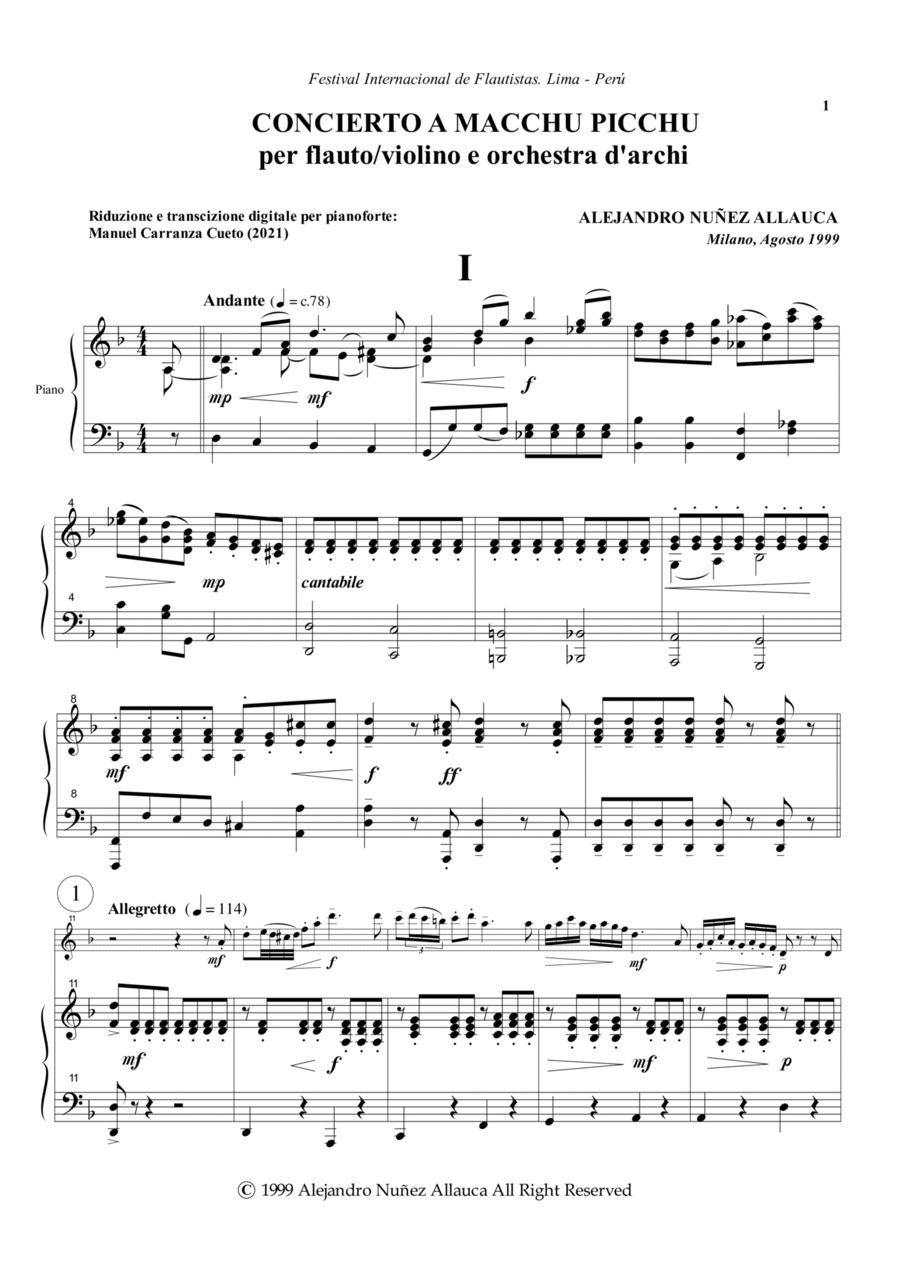 Concierto a Macchu Picchu for flute and string orchestra (Piano reduction) Flute scores gallery preview page 1