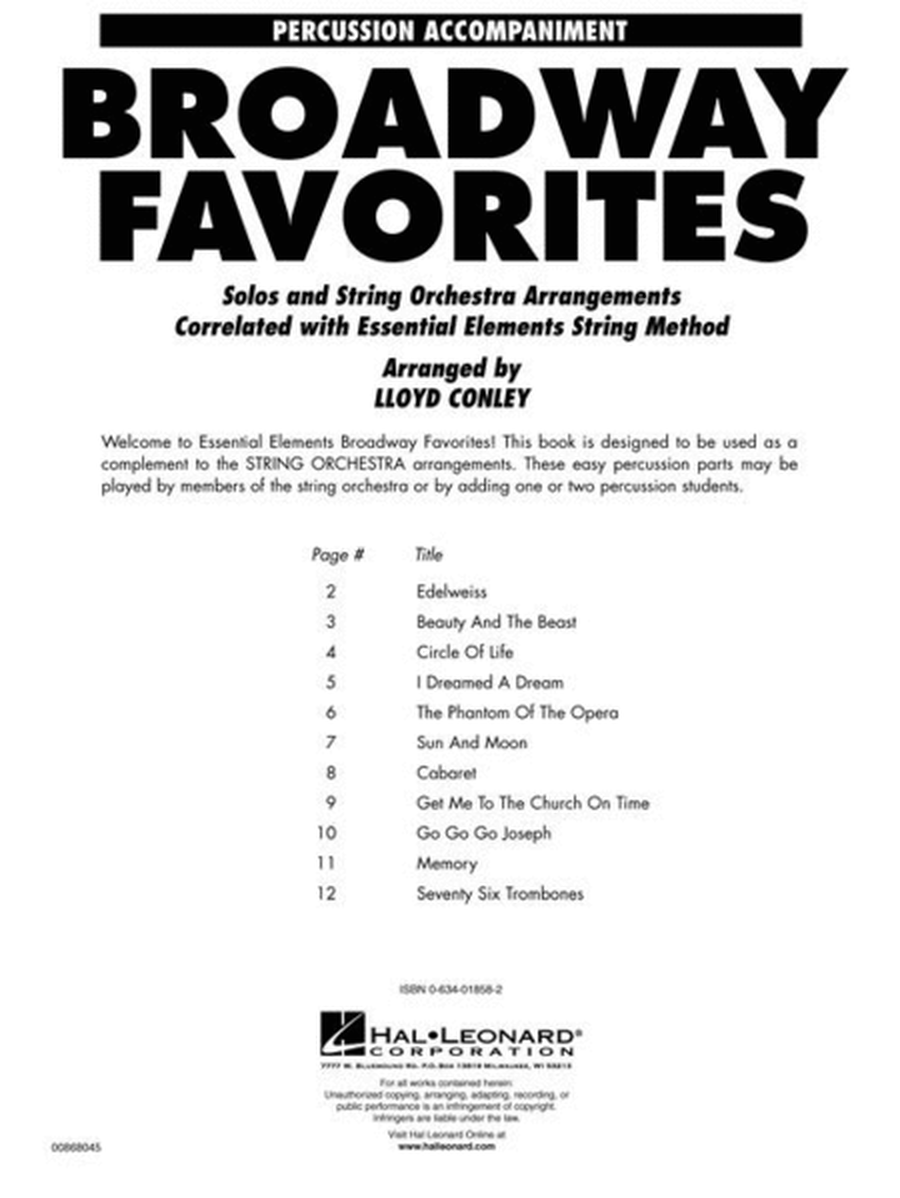 Essential Elements Broadway Favorites for Strings – Percussion Accompaniment image number null