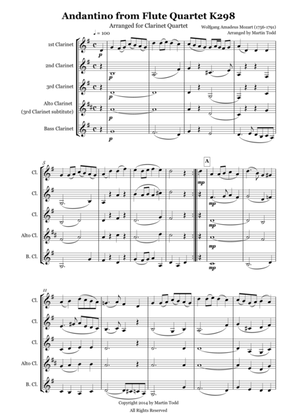 Andantino from Flute Quartet K298 Arranged for Clarinet Quartet
