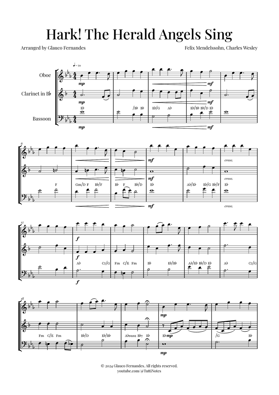 Hark! The Herald Angels Sing Trio Arrangement | Christmas Carol Sheet Music Woodwind Trio scores gallery preview page 1