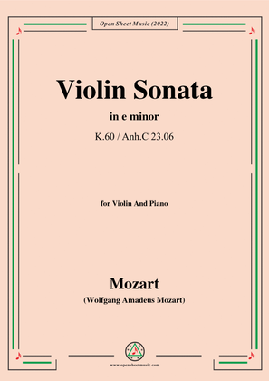 Book cover for Mozart-Violin Sonata in e minor,K.60/Anh.C 23.06,for Violin&Piano