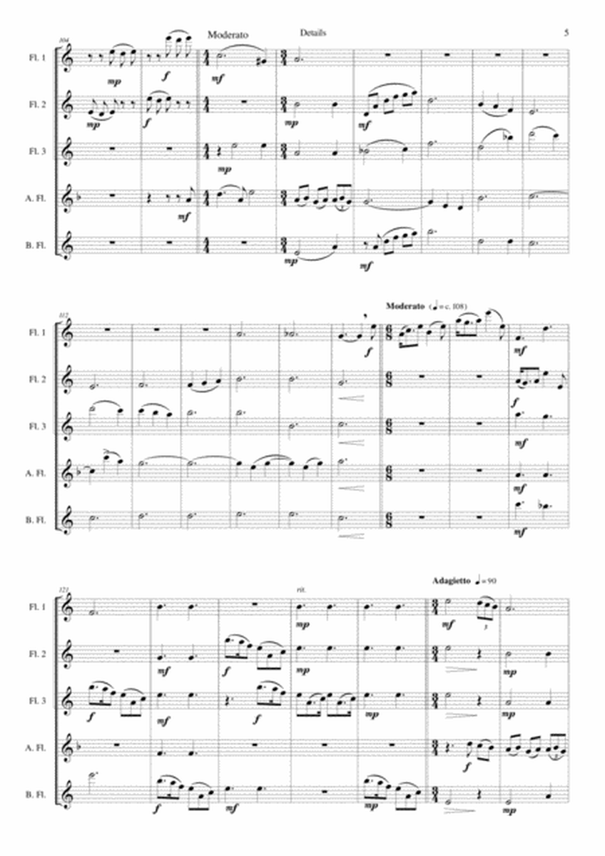 Details for flute quintet (3 C flutes, 1 alto flute, 1 bass flute) image number null