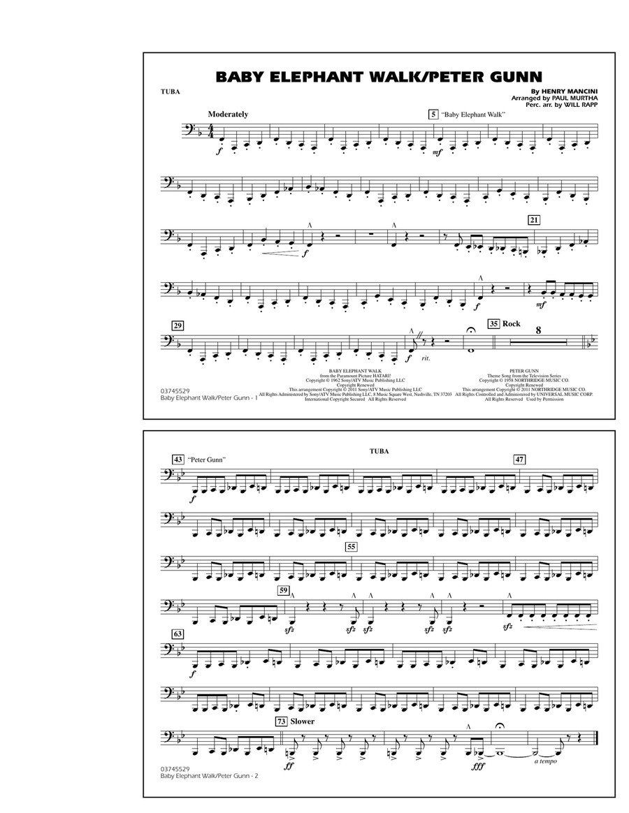 Baby Elephant Walk/Peter Gunn - Tuba Marching Band scores gallery preview page 1