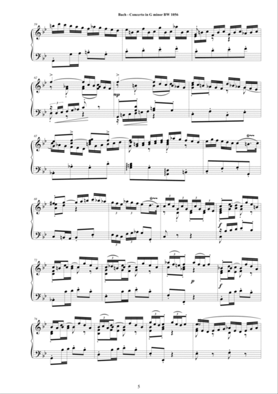 Bach - Piano Concerto in G minor BWV 1056 - Piano Version Piano Solo scores gallery preview page 5