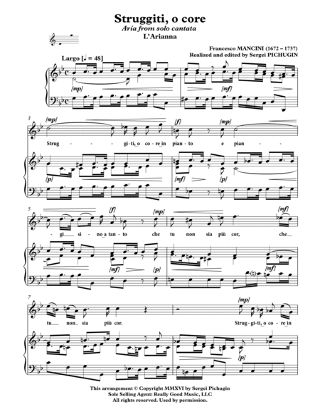 MANCINI Francesco: Struggiti, o core, aria from solo cantata "L'Arianna", arranged for Voice and Pia image number null