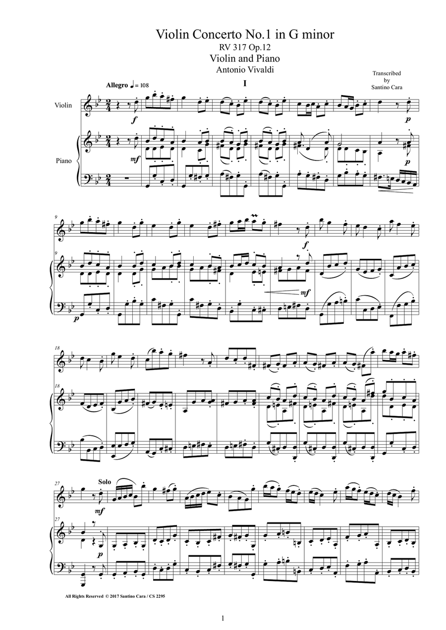 Vivaldi - Violin Concerto No.1 in G minor RV 317 Op.12 for Violin and Piano Violin Solo scores gallery preview page 1