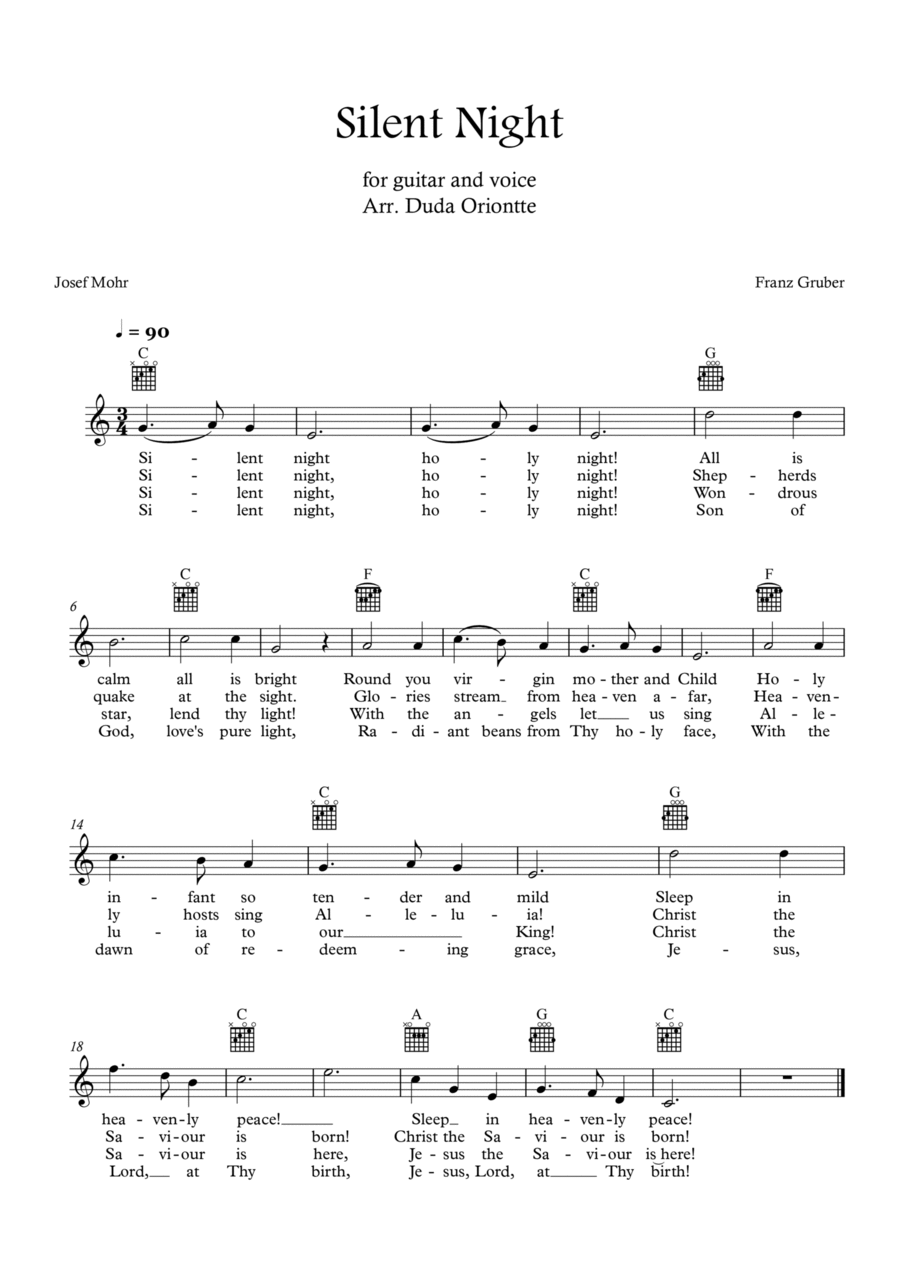 Silent Night (C major - TABS - with lyrics) Guitar Tablature scores gallery preview page 1