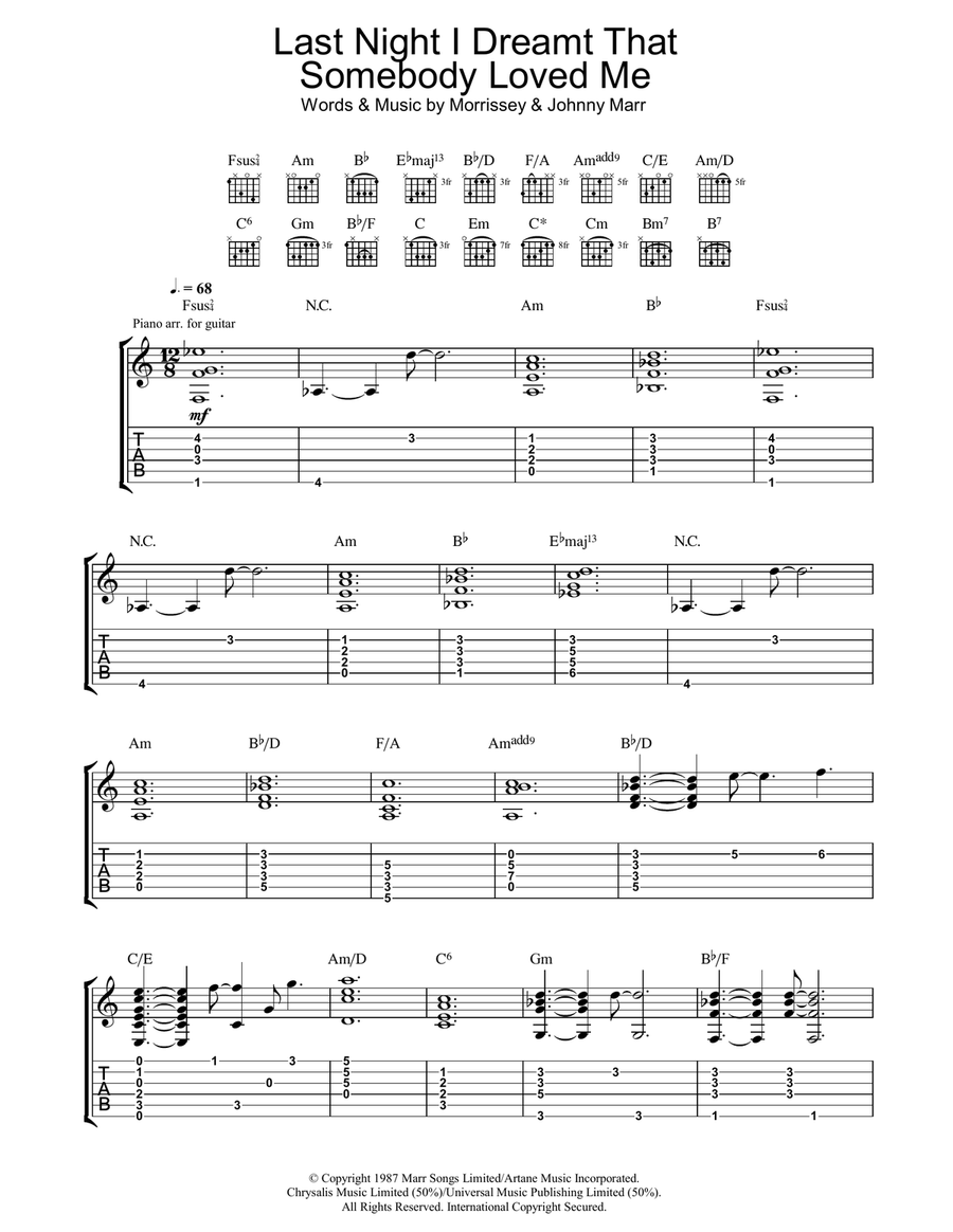 Last Night I Dreamt That Somebody Loved Me Guitar Tablature scores gallery preview page 1