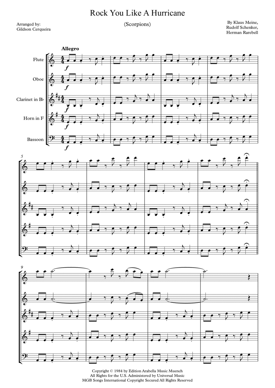 Rock You Like A Hurricane Woodwind Quintet scores gallery preview page 1