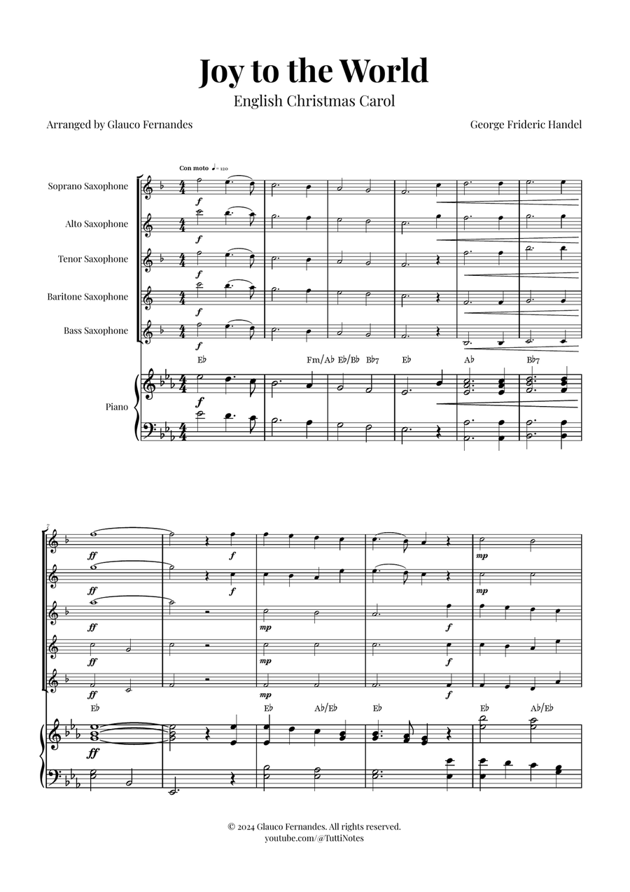 Joy to the World | STUNNING Arrangement Saxophone Quintet scores gallery preview page 1