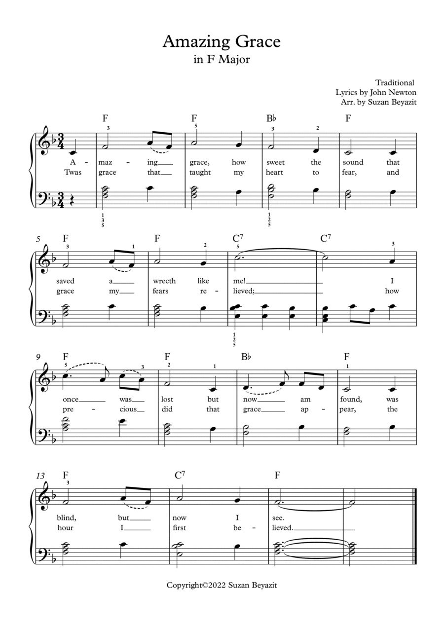 Amazing Grace in F Major (with Lyrics) Easy Piano scores gallery preview page 1