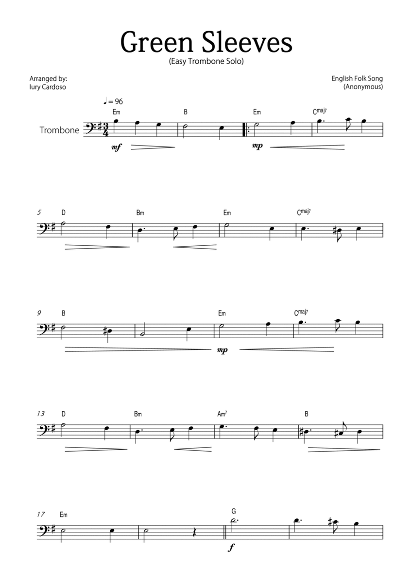 "Green Sleeves" - Beautiful easy version for TROMBONE SOLO. image number null