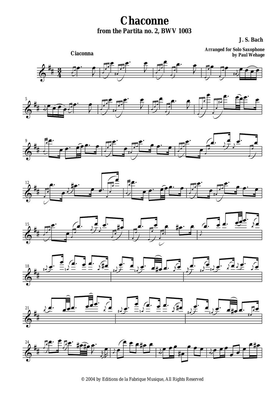 J. S. Bach: Chaconne from the Partita no. 2, BWV 1003 Arranged for Solo Saxophone Woodwind Quartet scores gallery preview page 2