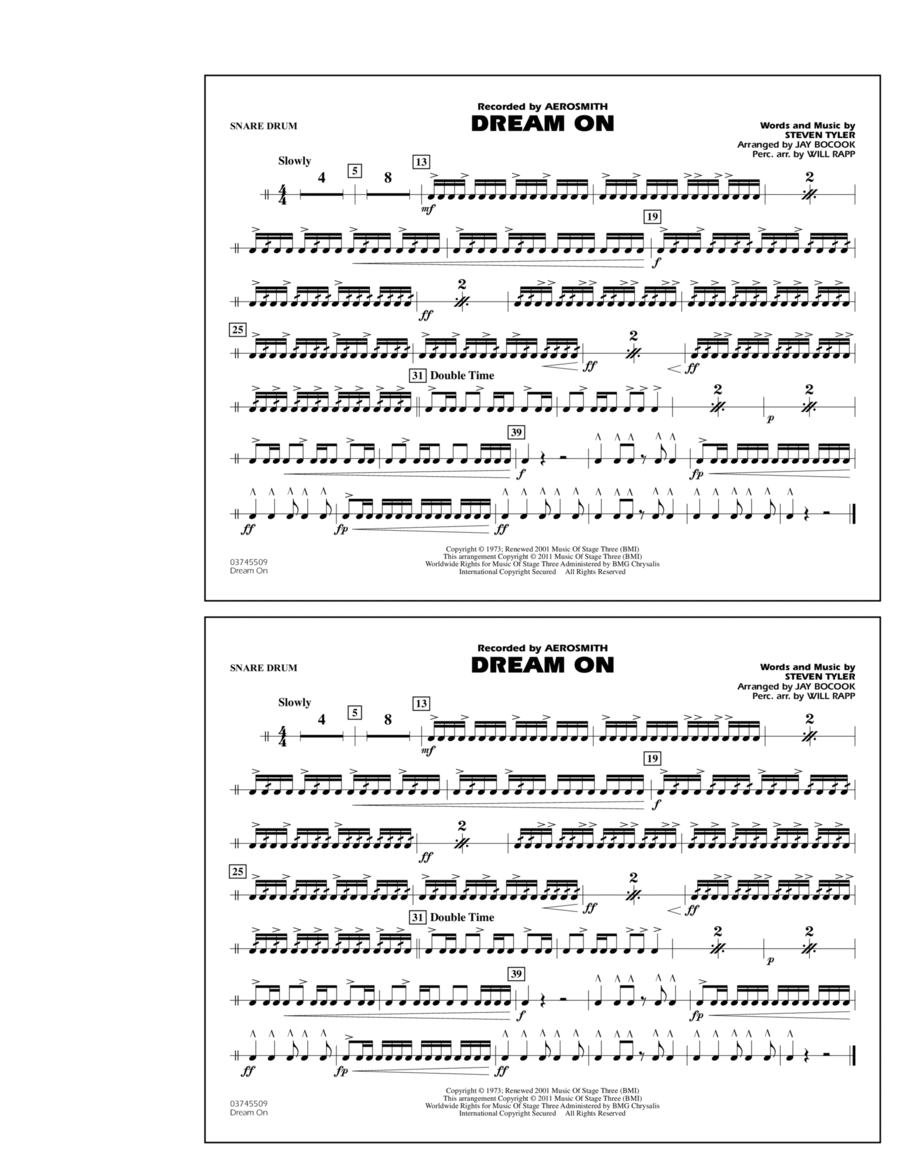 Dream On - Snare Drum Dream On - Snare Drum Marching Band scores gallery preview page 1
