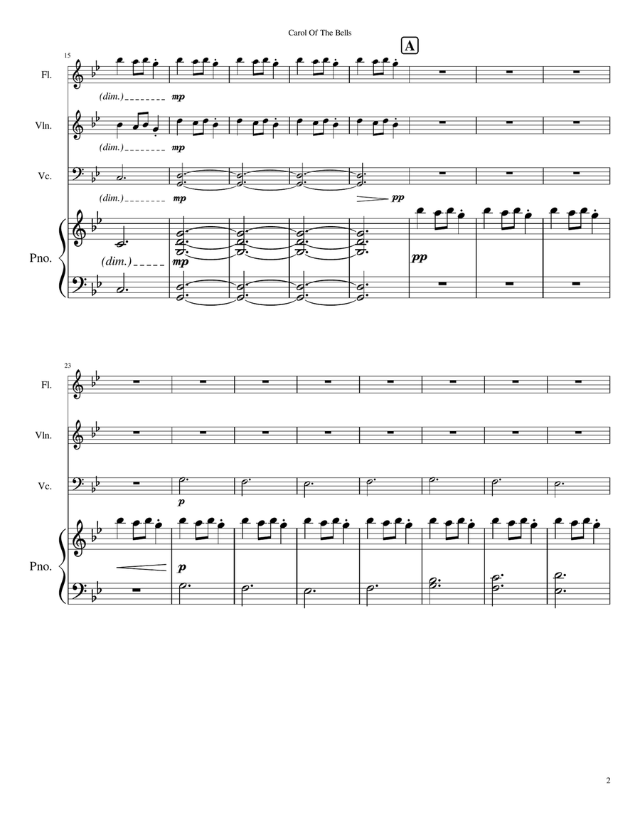Carol Of The Bells (for Flute, Violin, Cello & Piano) Small Ensemble scores gallery preview page 2