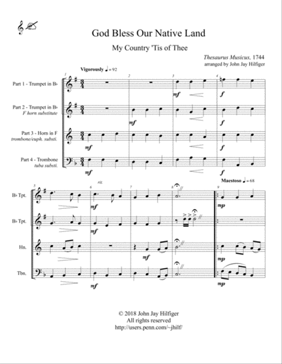 God Bless Our Native Land/ My Country, 'Tis of Thee (for Brass Quartet/Ensemble) Brass Quartet scores gallery preview page 4