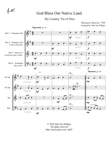 God Bless Our Native Land/ My Country, 'Tis of Thee (for Brass Quartet/Ensemble) image number null
