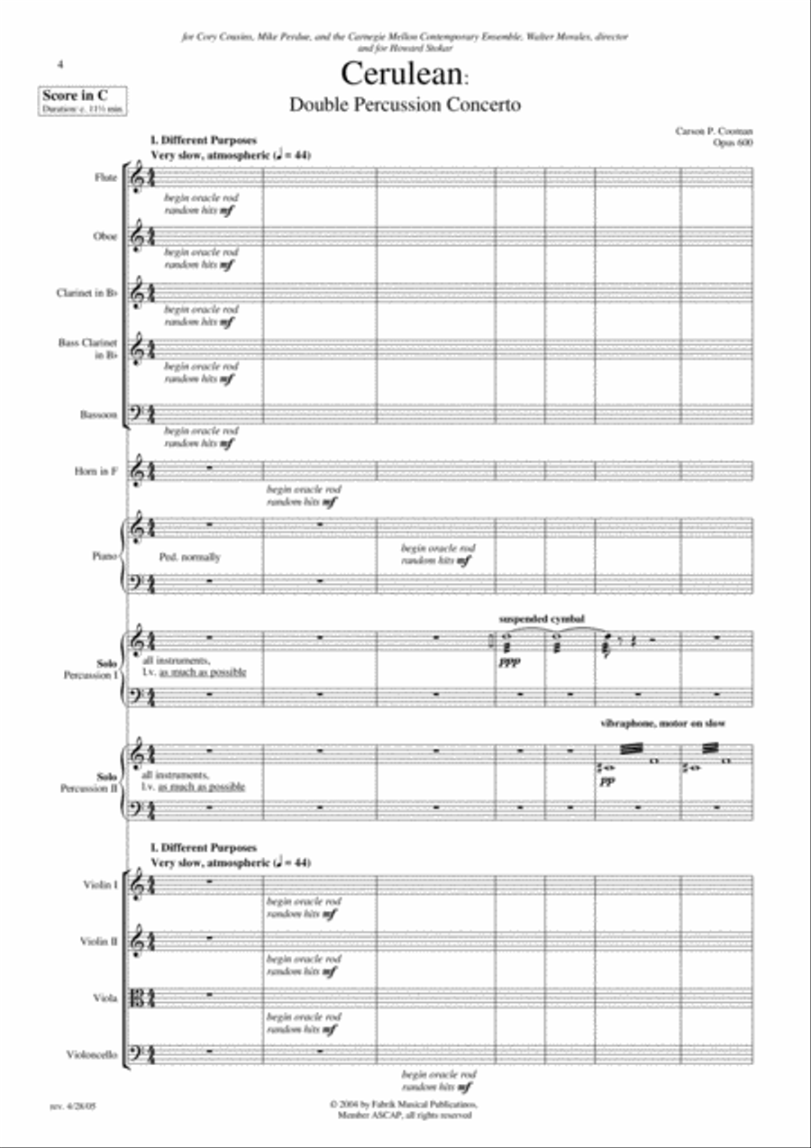 Carson Cooman: Cerulean: Double Percussion Concerto (2004) for two solo percussionists and ensemble, Chamber Orchestra scores gallery preview page 4
