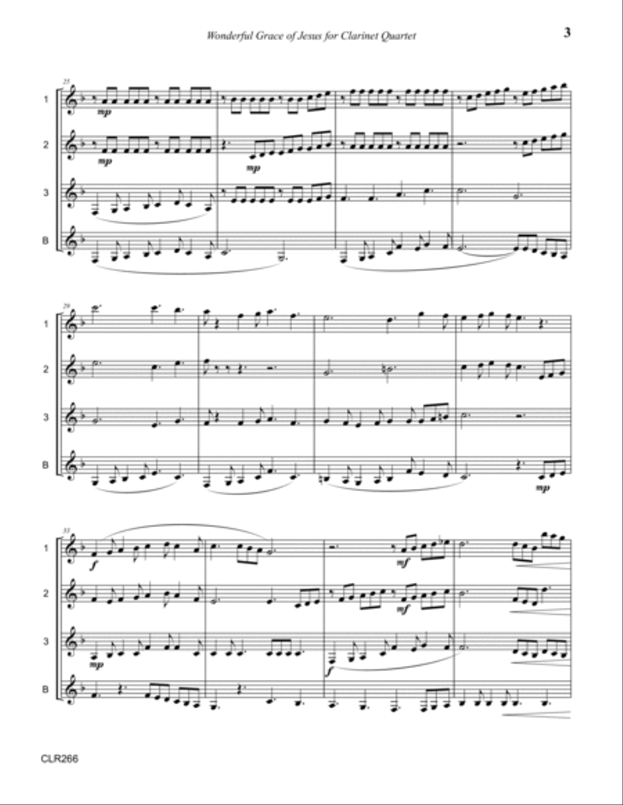 WONDERFUL GRACE OF JESUS - SSSS or SSSB CLARINET QUARTET (unaccompanied) Clarinet Quartet scores gallery preview page 3