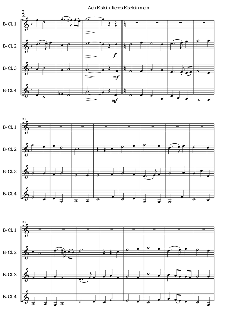 Ach Elslein, liebes Elselein mein for clarinet quartet (4 B flats) Clarinet Quartet scores gallery preview page 2