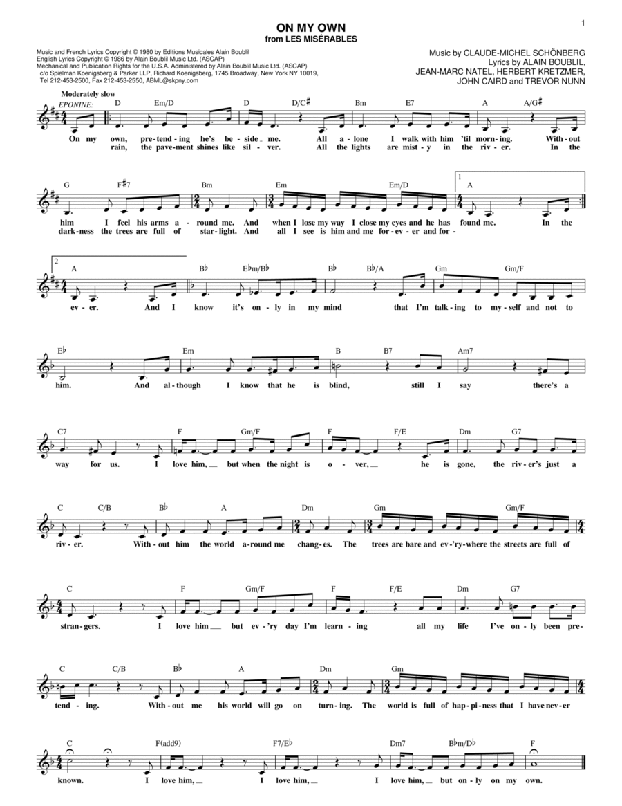 On My Own (from Les Miserables) Voice scores gallery preview page 1