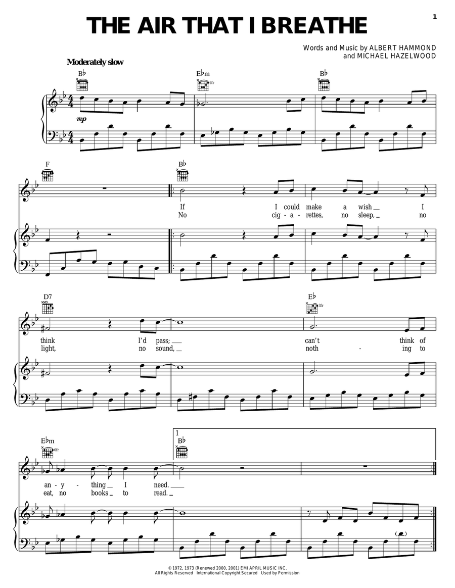 The Air That I Breathe Piano, Vocal, Guitar scores gallery preview page 1