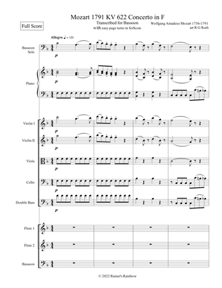 Mozart 1791 KV 622 Bassoon Concerto in F Chamber Ens Score and Parts