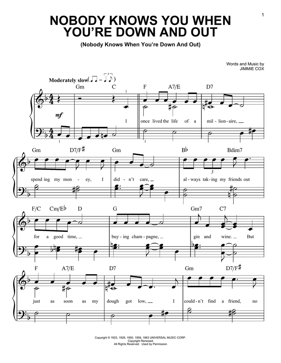 Nobody Knows You When You're Down And Out Easy Piano scores gallery preview page 1