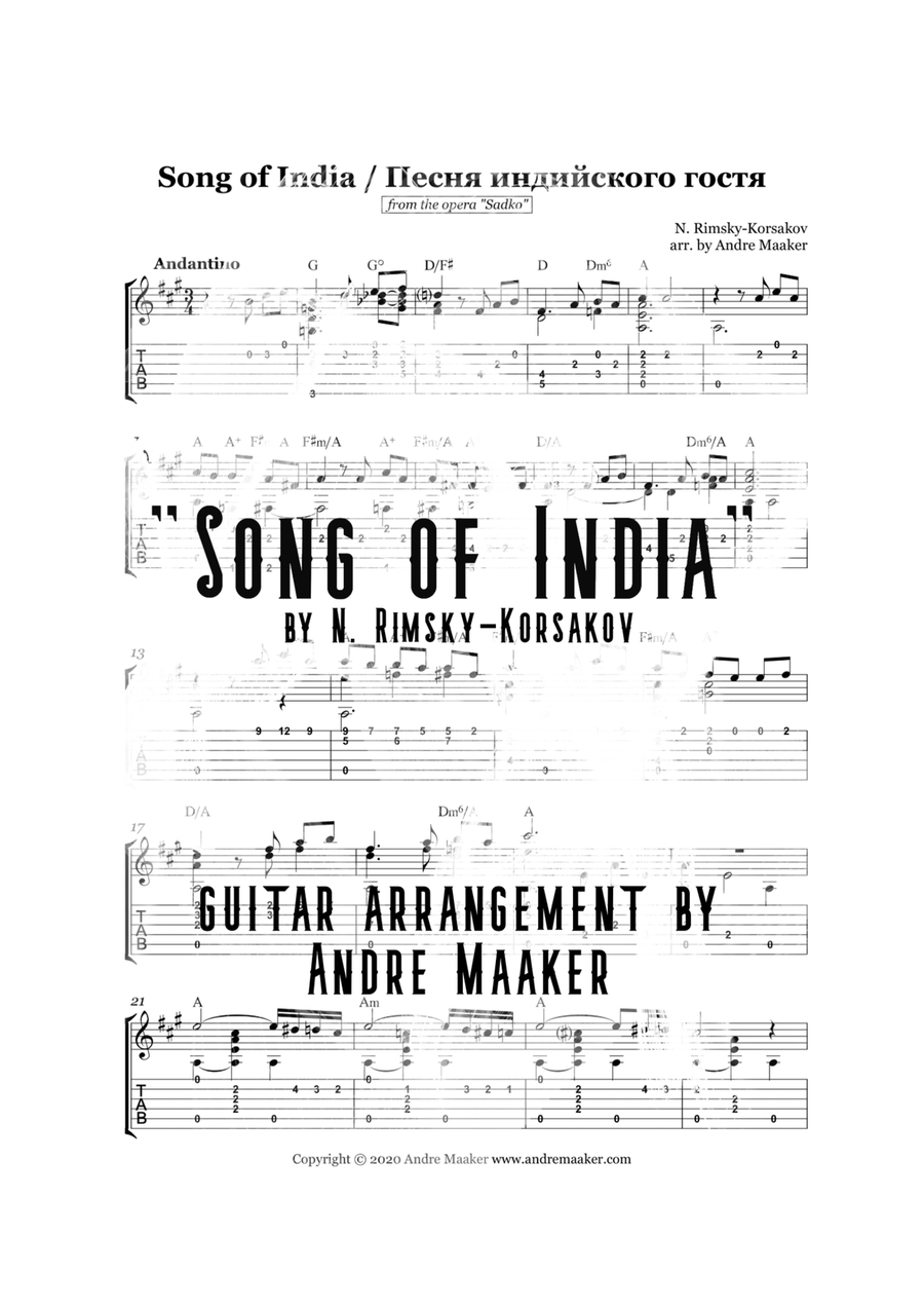 "Song of India / Песня индийского гостя" - guitar arrangement with TAB and chord symbols image number null